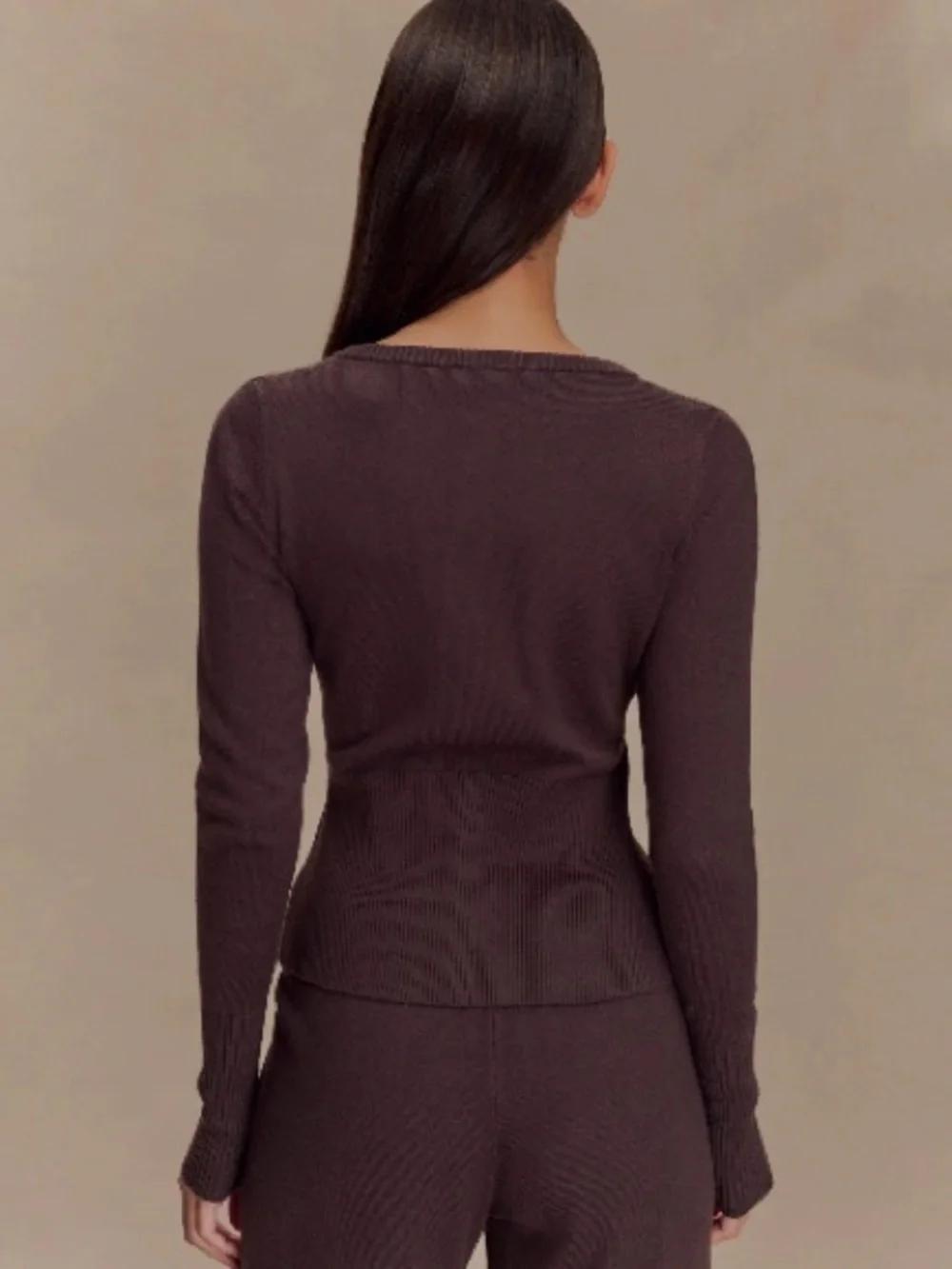Meshki Reese Fitted Ribbed Knit Cardigan - Dark Chocolate - Picture 3 of 7